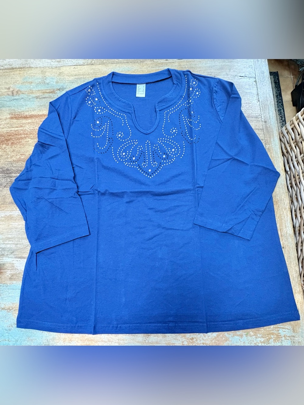 Women's Royal Blue Embellished Split-Neck Top